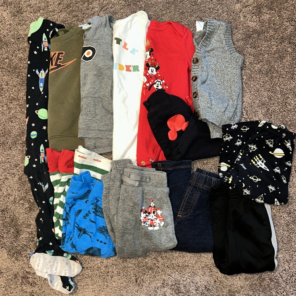 Babyboy 18m fall & winter footies, sweatshirt, tops, vest and pants bundle